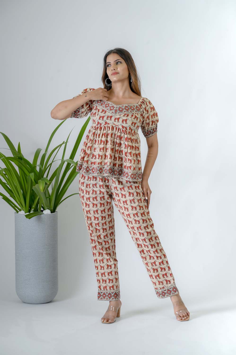 Beige Printed Cotton Co-ord Set for Women - Front View | Oopnik