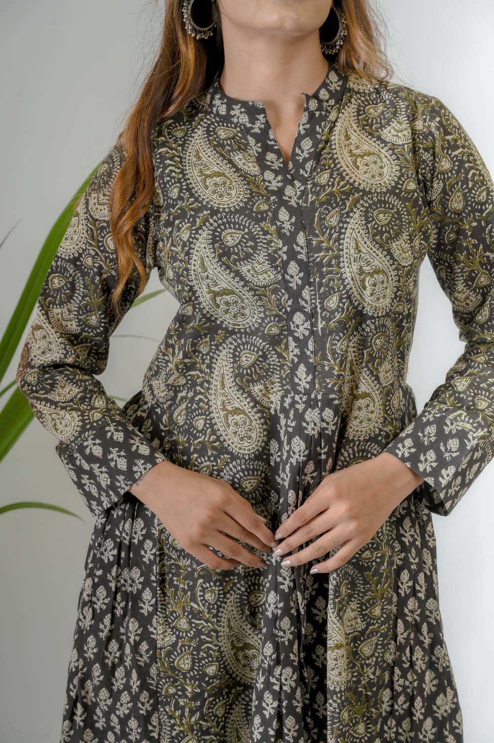 Dark Green Bagru Print Cotton Co-ord Set for Women - Neck Design | Oopnik
