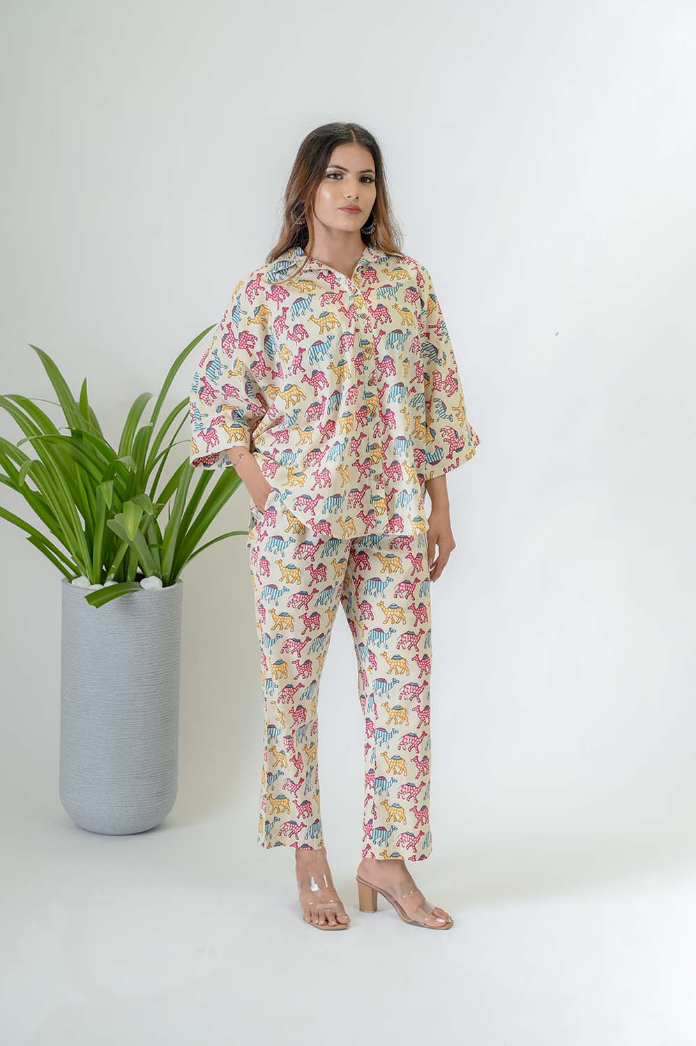 Cotton Printed Kimono sleeves Shirt Co-ord Set For Women - Side View | Oopnik