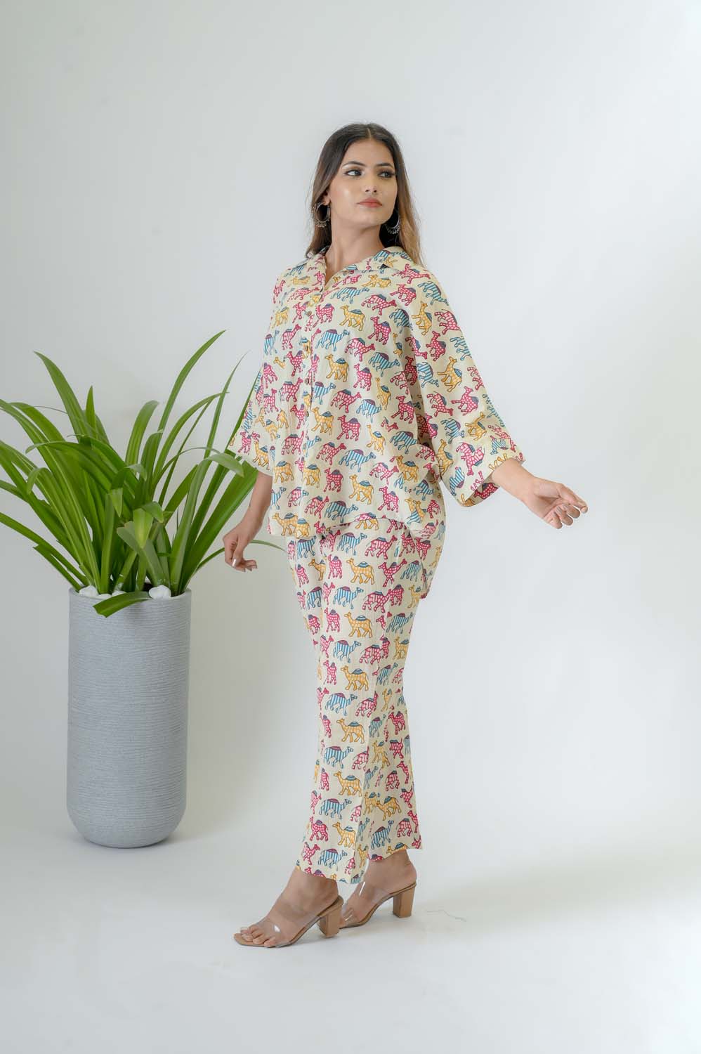 Cotton Printed Kimono sleeves Shirt Co-ord Set For Women - Side View | Oopnik