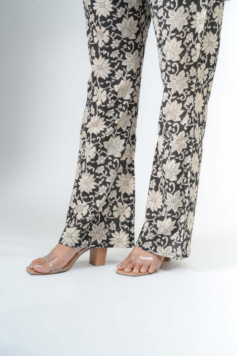 Cotton Sanganeri Print Black Co-ord Set For Women - Bottom View | Oopnik