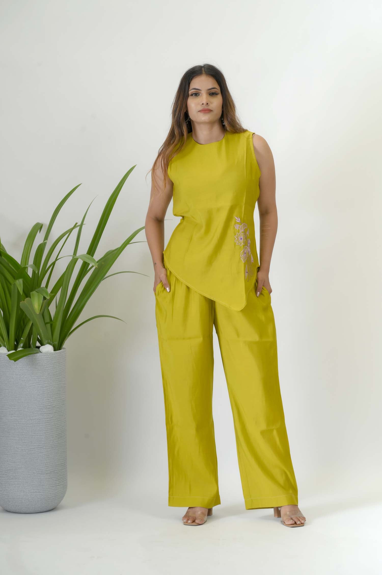 Mustard Crepe Festive Coord Set For Women - Front View | Oopnik