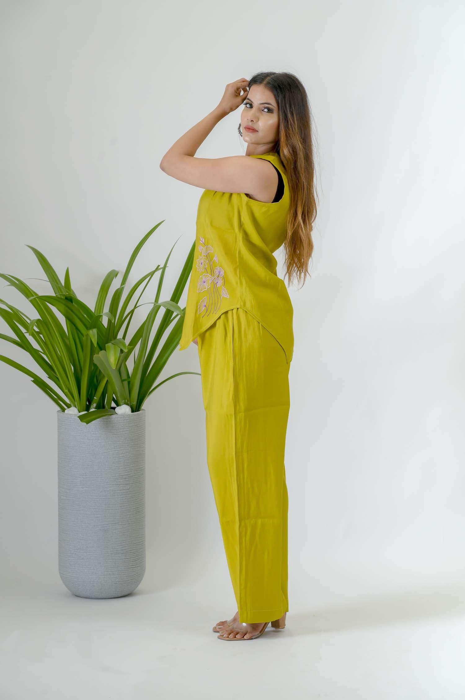 Mustard Crepe Festive Coord Set For Women - Side View | Oopnik