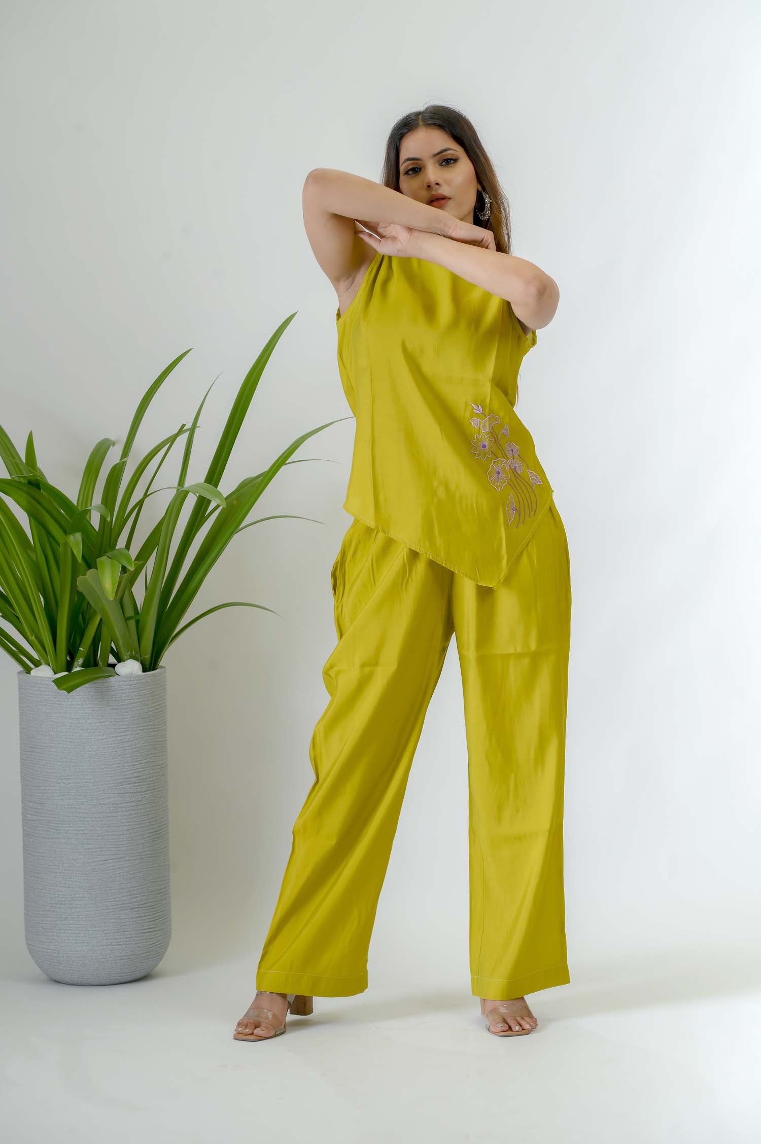 Mustard Crepe Festive Coord Set For Women - Front View | Oopnik