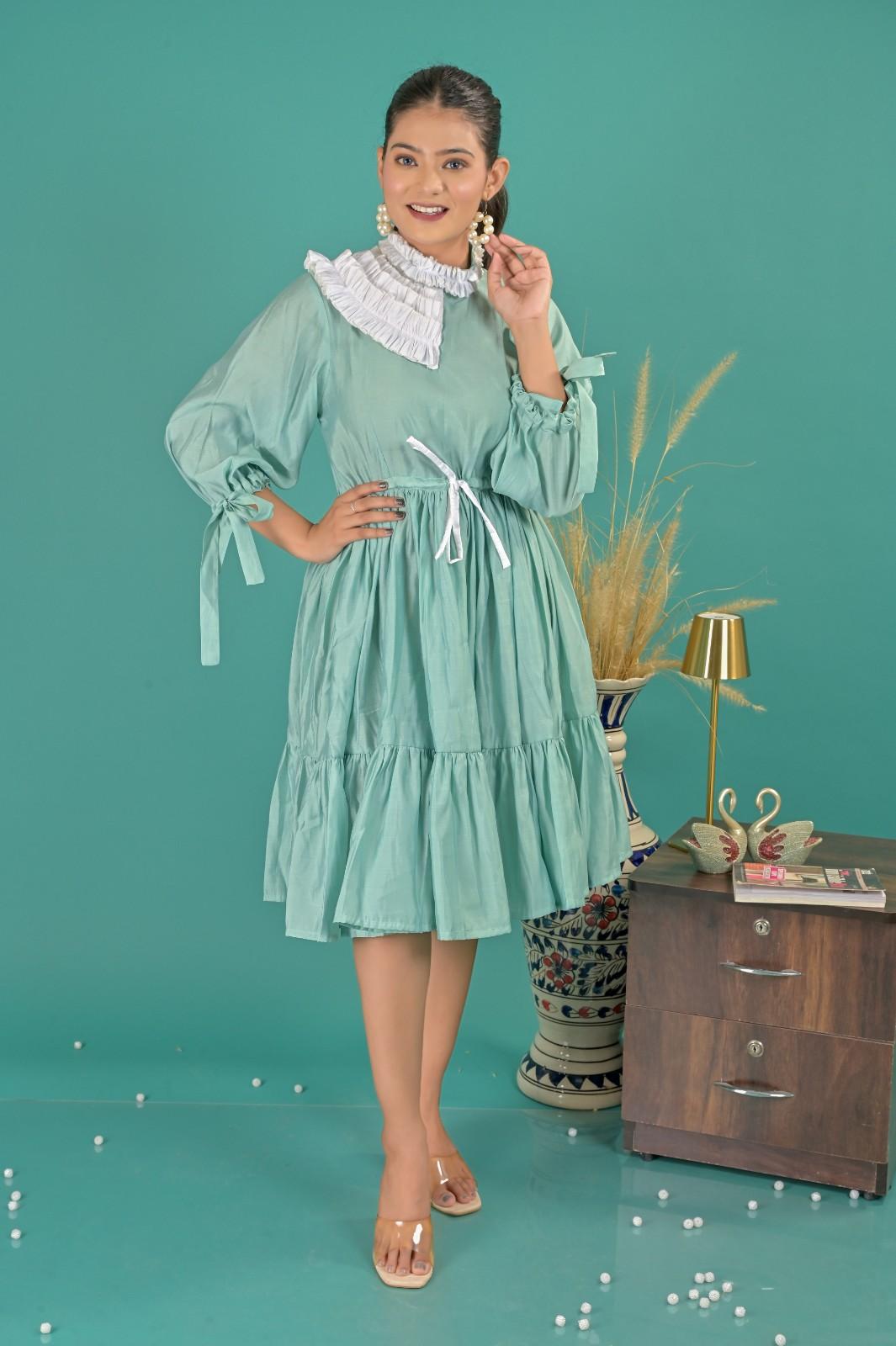 Casual Wear Sky Blue Tiered Short Dress For Women - Front View | OOPNIK