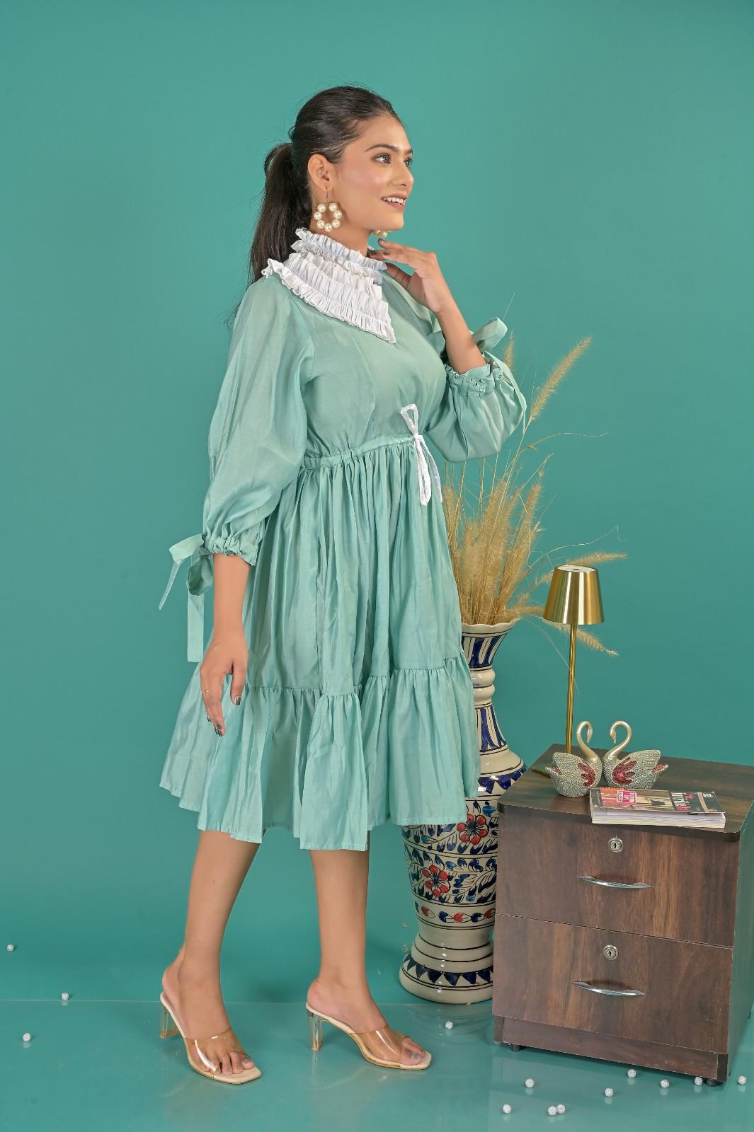 Casual Wear Sky Blue Tiered Short Dress For Women - Side View | OOPNIK