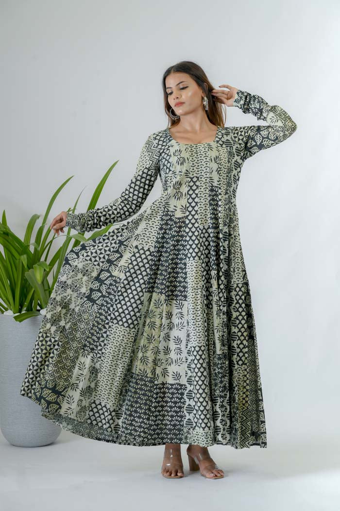 Printed Cotton Anarkali Dress For Women - Front View | Oopnik