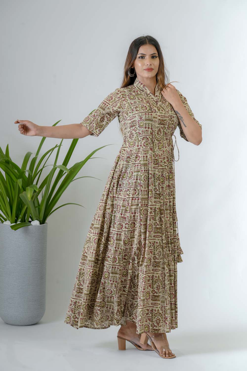 Green Bagru Print Cotton A-Line Dress - Side View | Oopnik