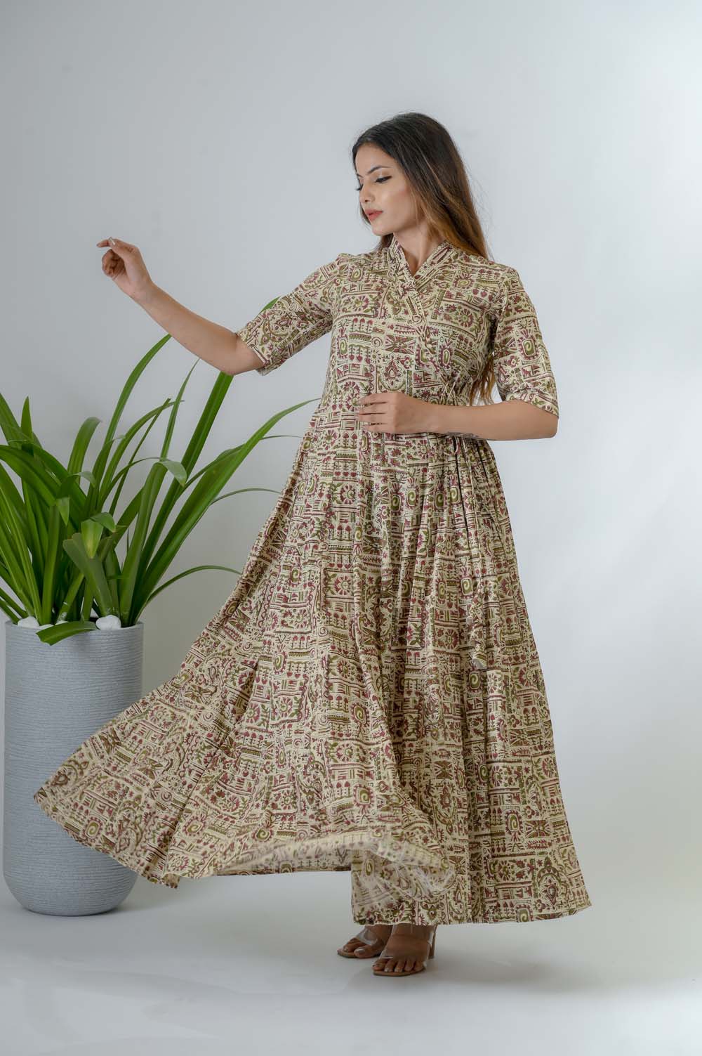 Green Bagru Print Cotton A-Line Dress - Front View | Oopnik