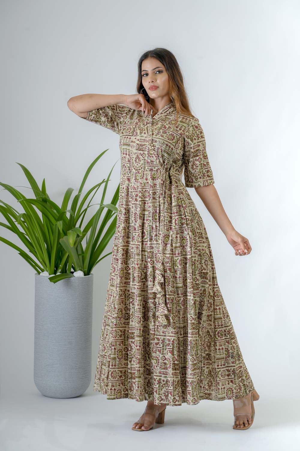 Green Bagru Print Cotton A-Line Dress - Side View | Oopnik