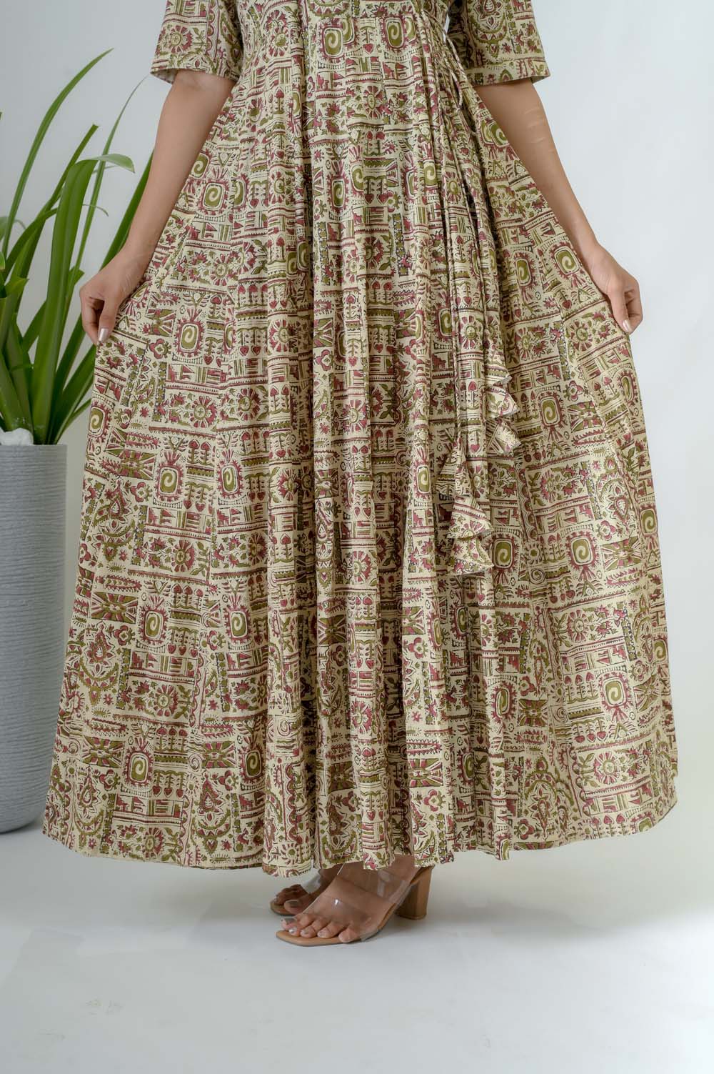 Green Bagru Print Cotton A-Line Dress - Bottom View | Oopnik