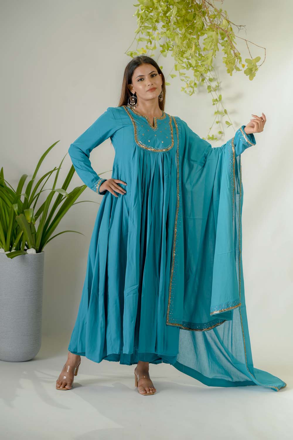 Blue Festive Wear Kurta Set For Women - Side View | Oopnik