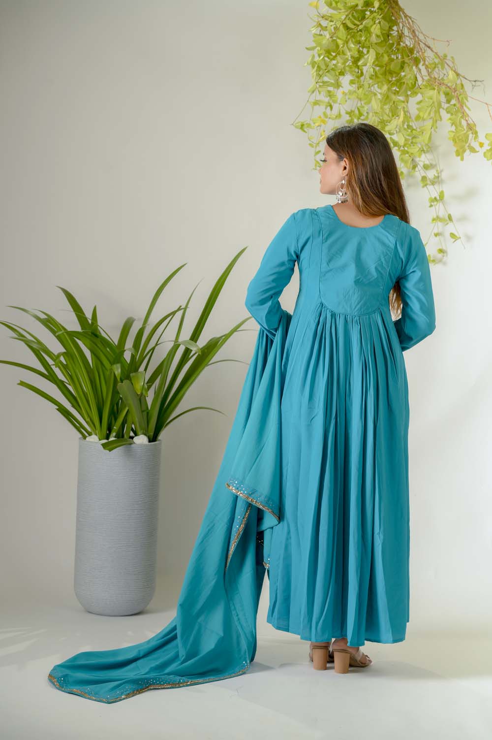 Blue Festive Wear Kurta Set For Women - Back View | Oopnik