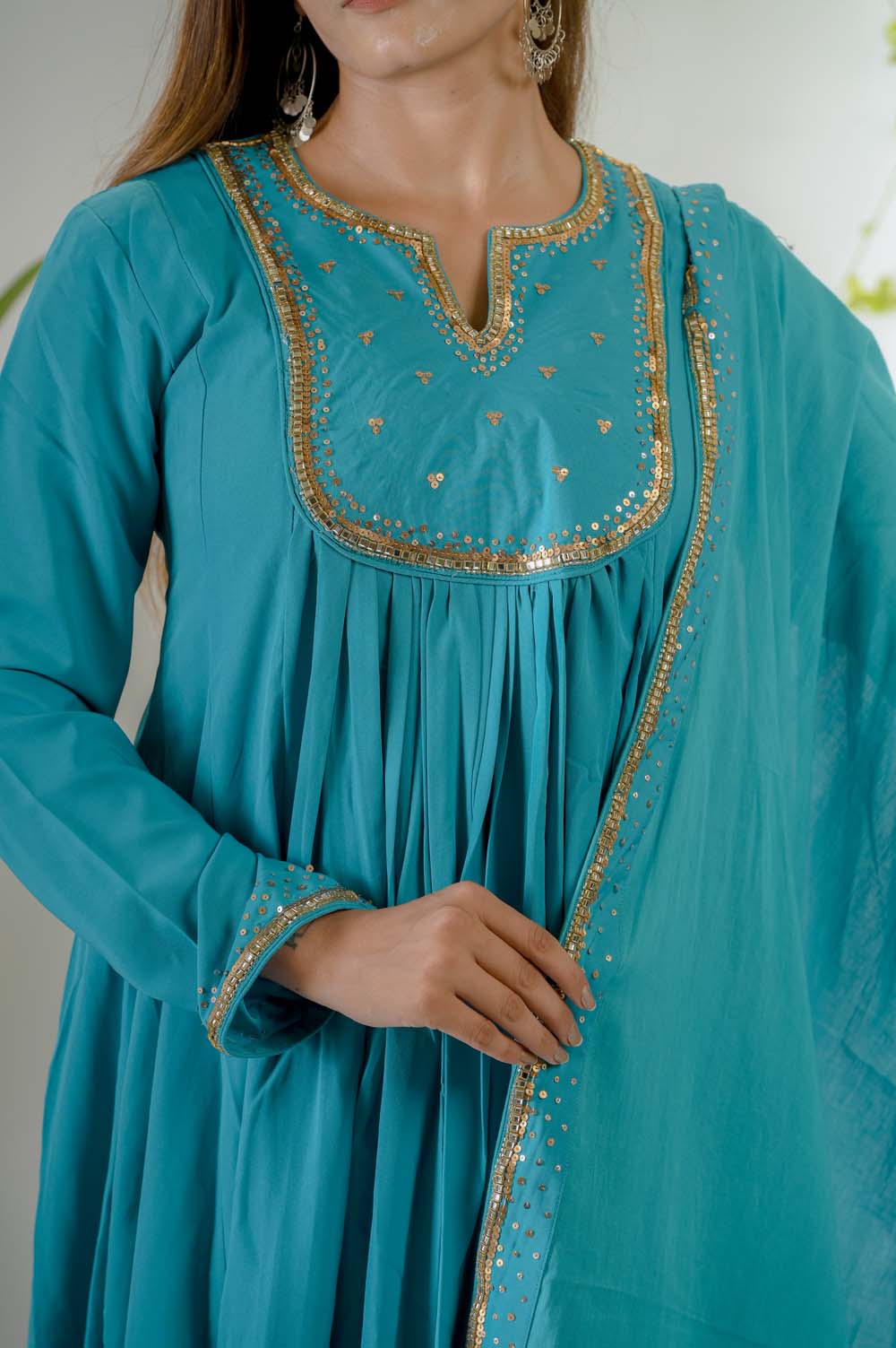 Blue Festive Wear Kurta Set For Women - Closeup | Oopnik