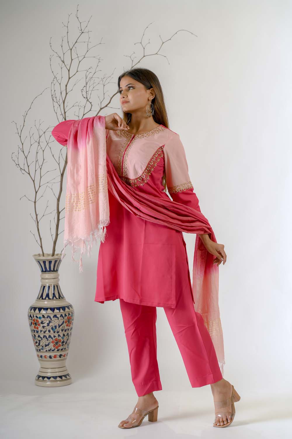 Pink Embroidered Kurta Set For Women - Side View | Oopnik