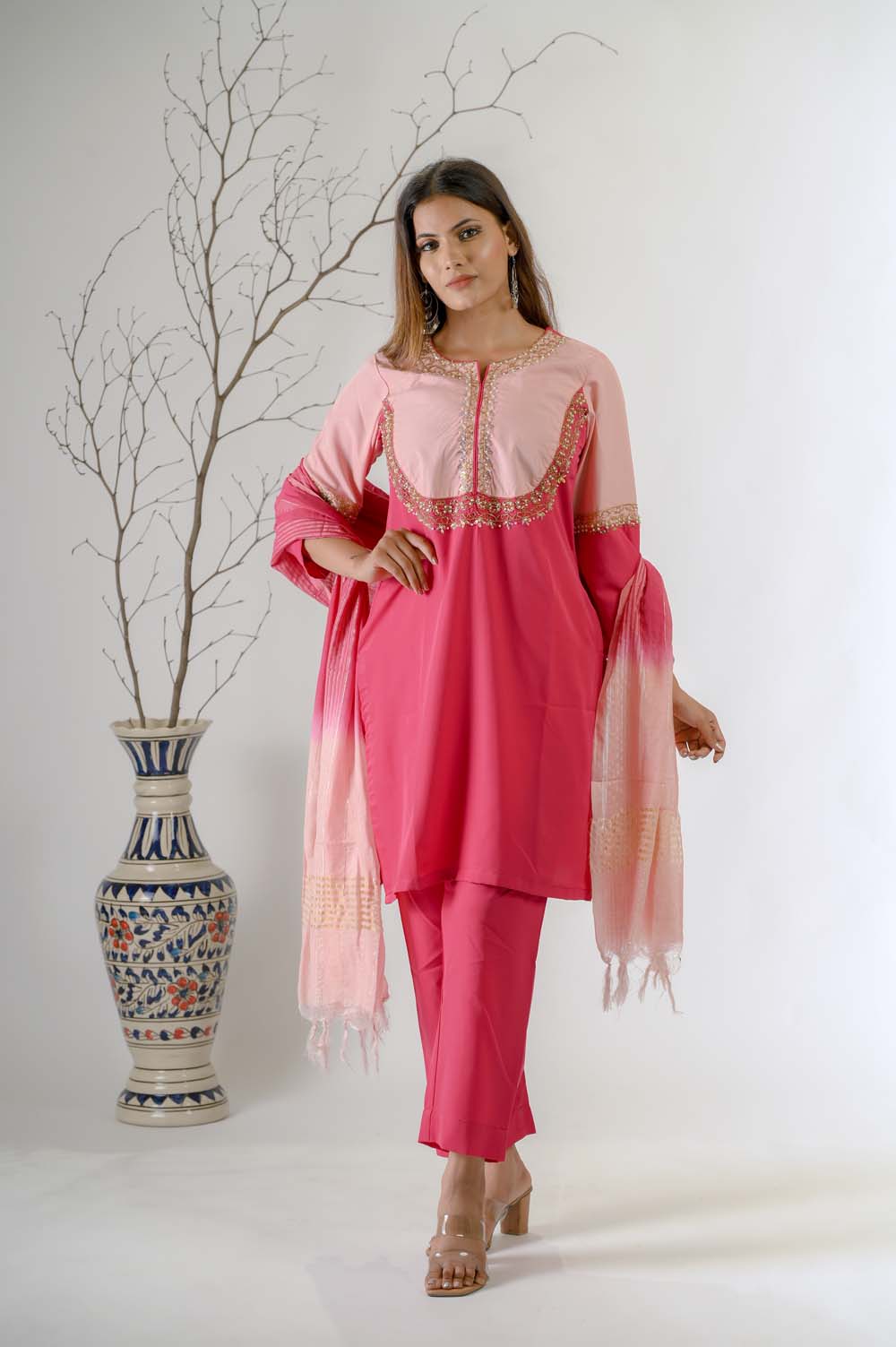 Pink Embroidered Kurta Set For Women - Front View | Oopnik