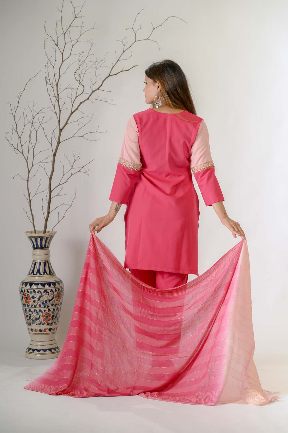 Pink Embroidered Kurta Set For Women - Back Design | Oopnik