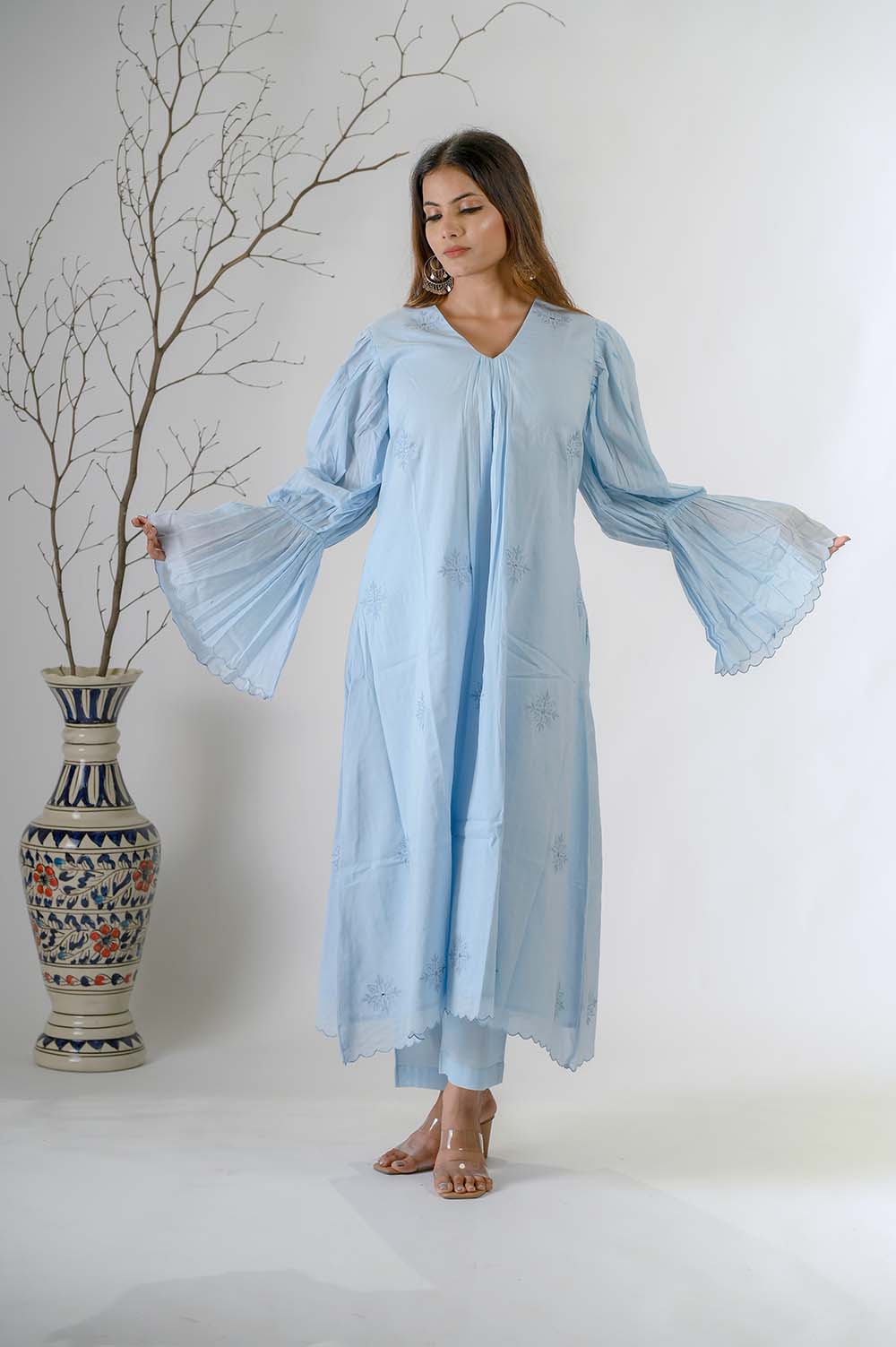 Blue Festive Wear Embroidered Kurta Set For Women - Front View | Oopnik