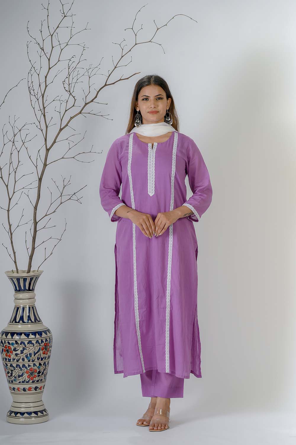 Purple Kurta Set For Women With Lace Work - Front View | Oopnik