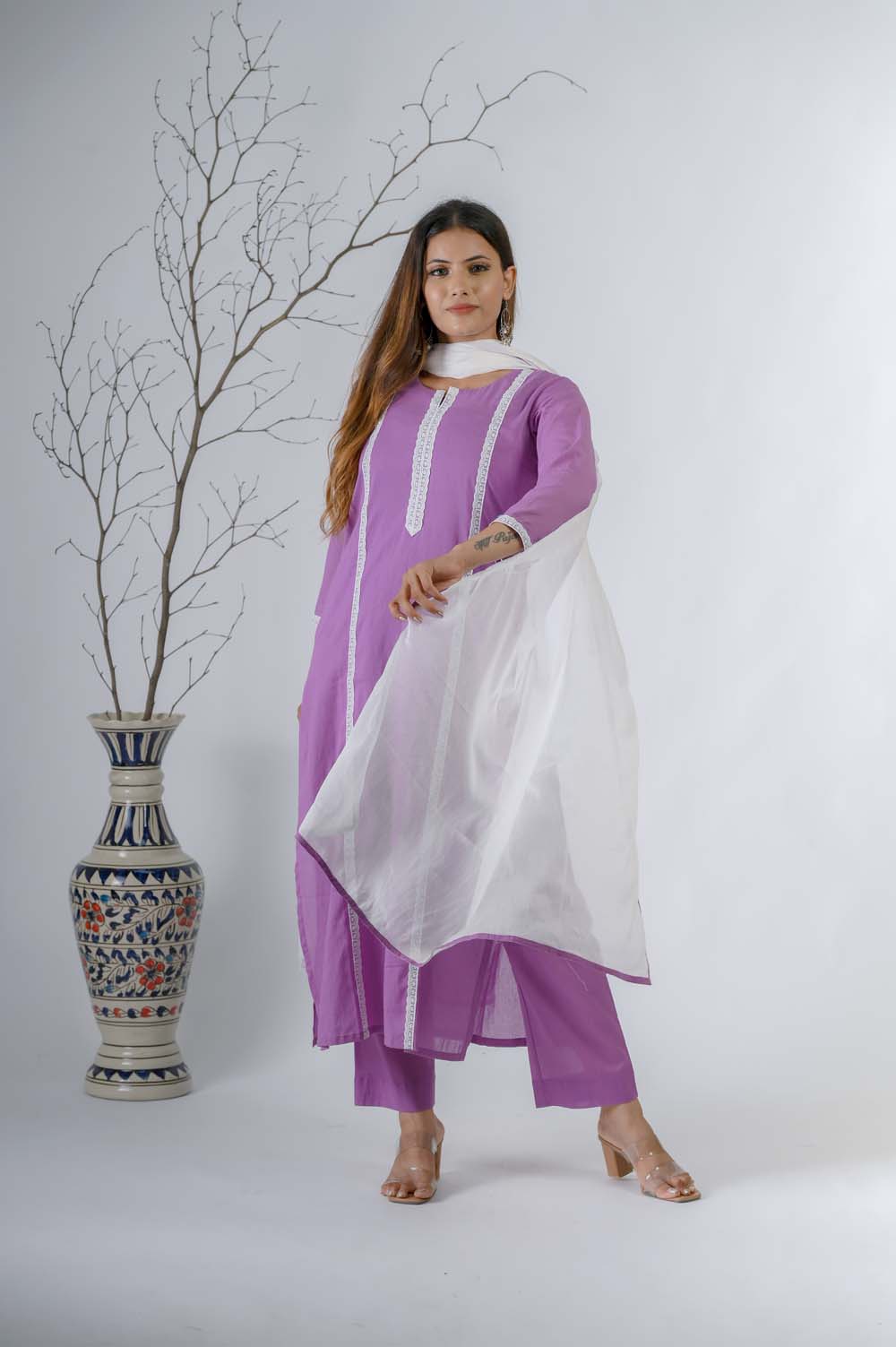 Purple Kurta Set For Women With Lace Work - Front View | Oopnik