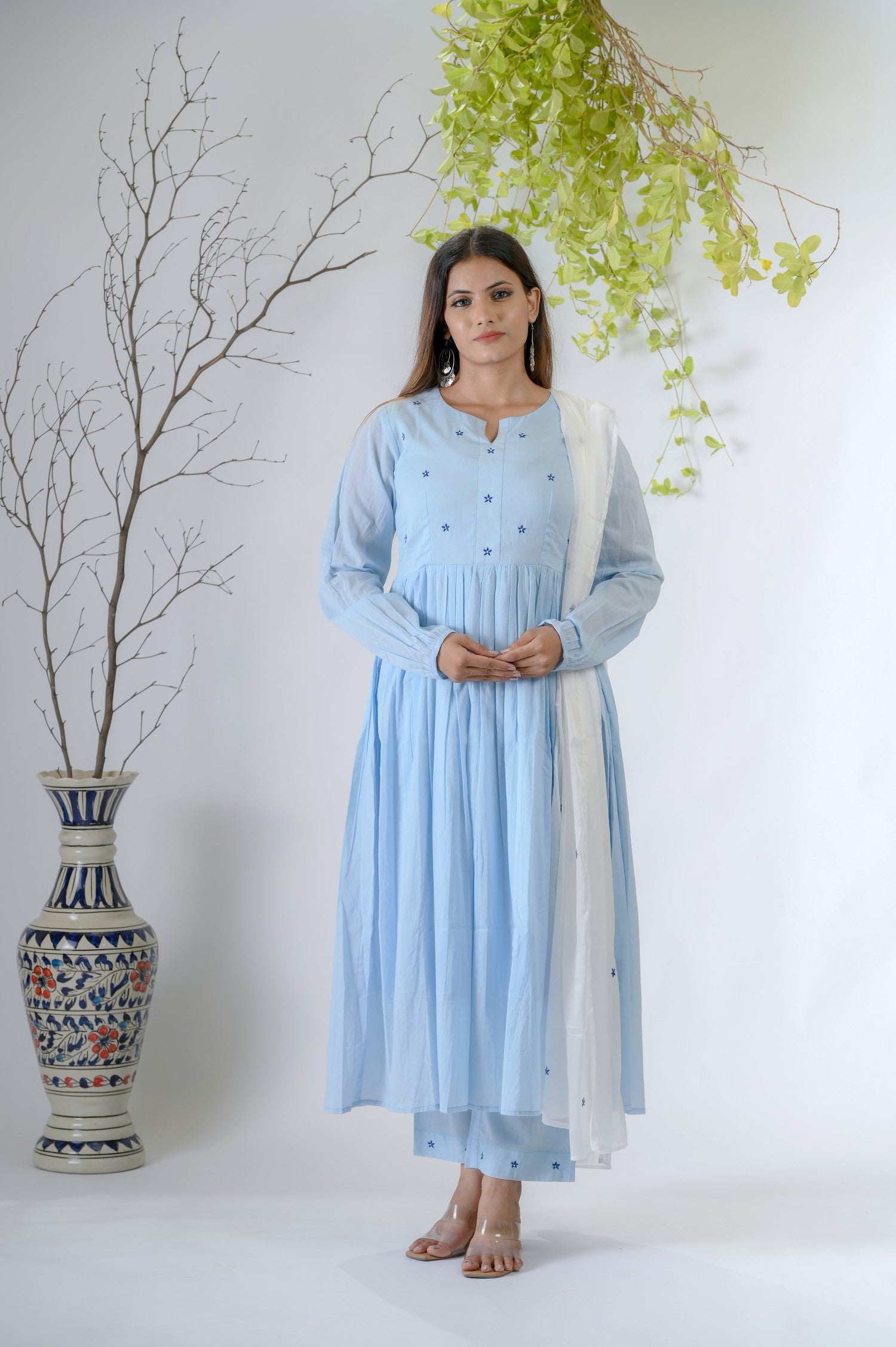 Blue Festive Wear Flower Motif Embroidered Kurta Set For Women - Front View | Oopnik