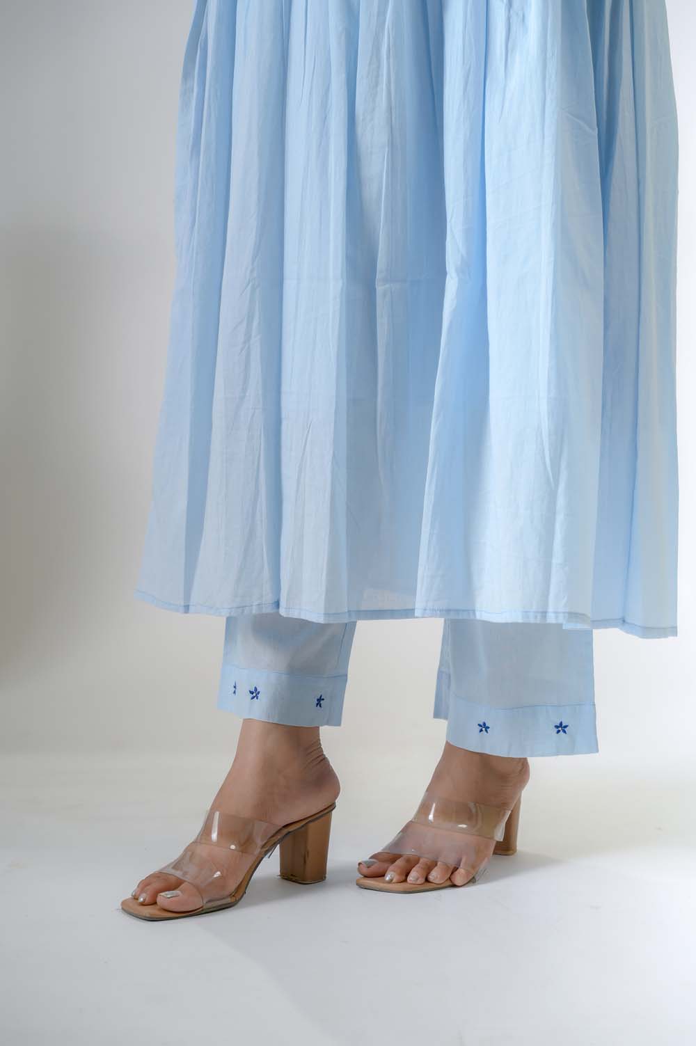 Blue Festive Wear Flower Motif Embroidered Kurta Set For Women - Bottom View | Oopnik