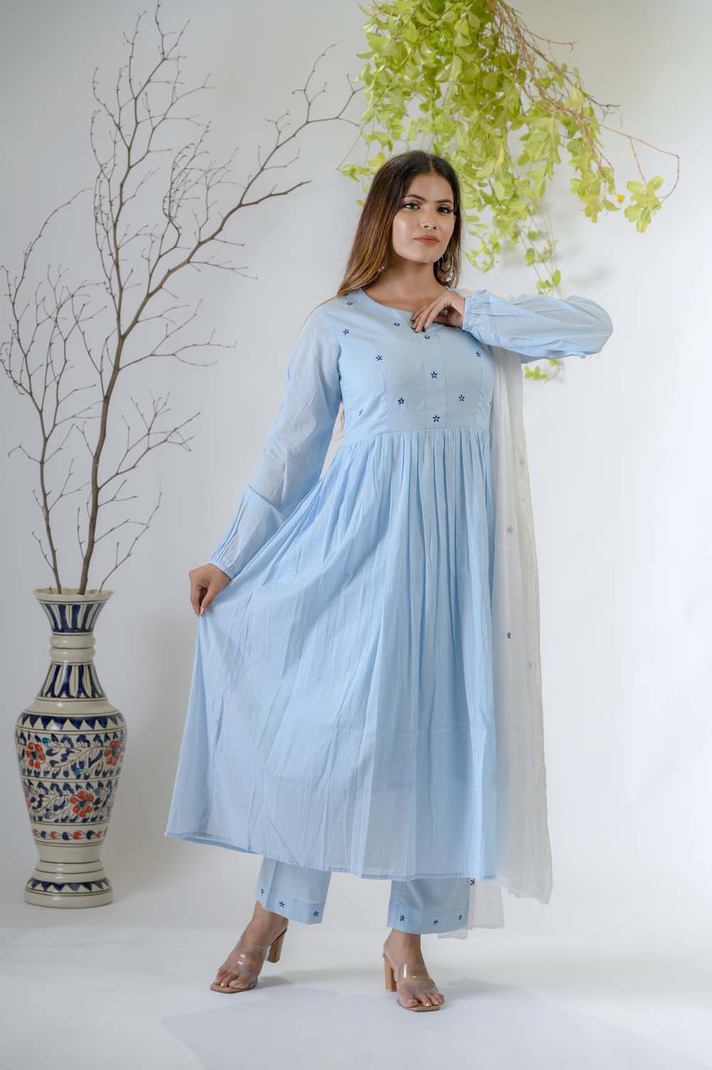 Blue Festive Wear Flower Motif Embroidered Kurta Set For Women - Front View | Oopnik