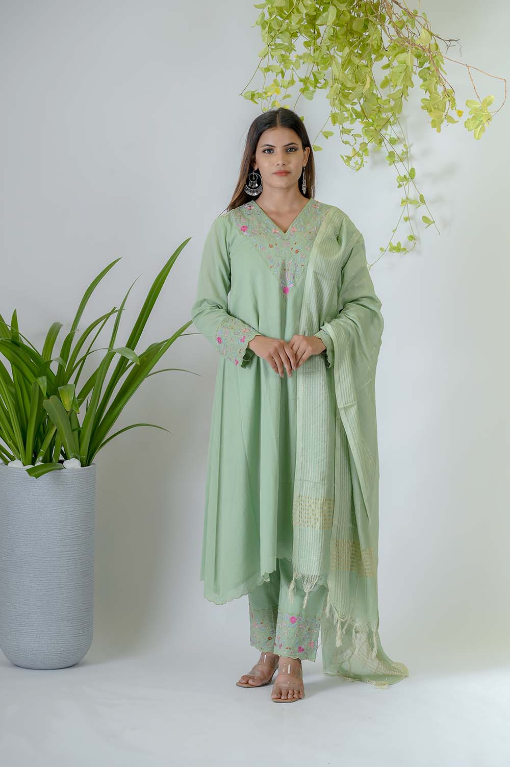 Green Festive Wear Kurta Set with Silk Thread & Zari Embroidery - Front View | Oopnik