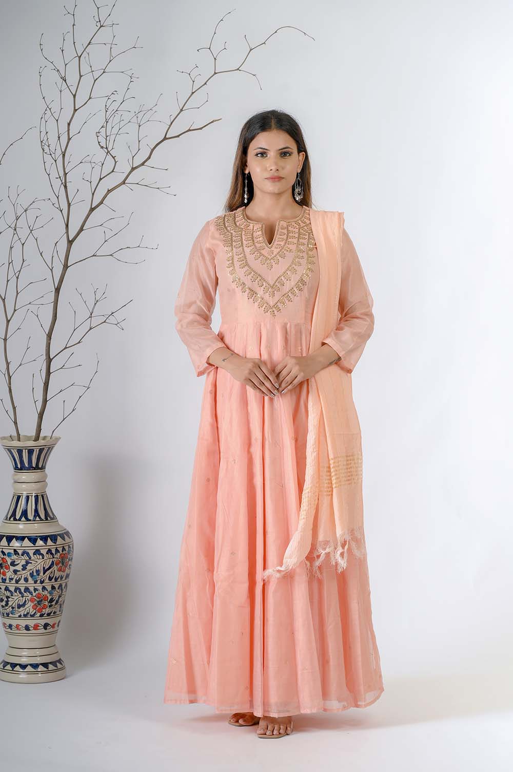 Peach Chanderi Festive Wear Kurta Set For Women with Dori & Sequin Work - Front View | Oopnik