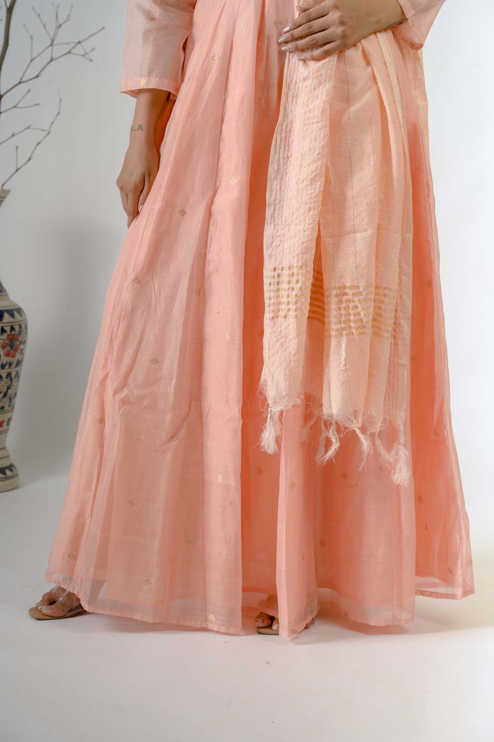 Peach Chanderi Festive Wear Kurta Set For Women with Dori & Sequin Work - Fabric Detail | Oopnik