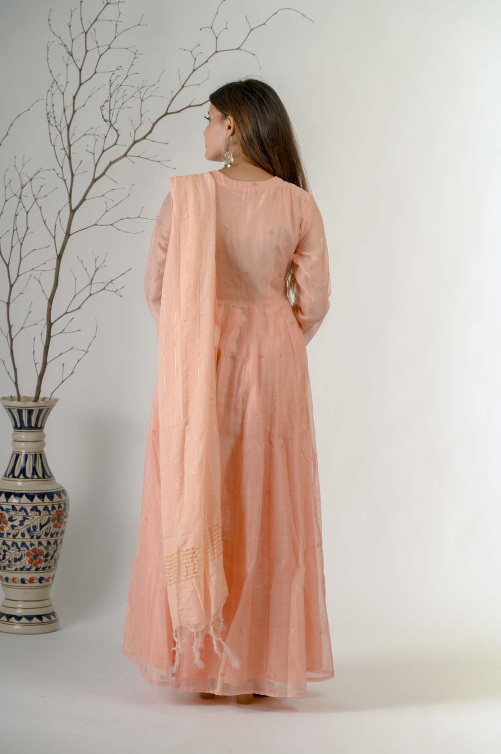 Peach Chanderi Festive Wear Kurta Set For Women with Dori & Sequin Work - Back Design | Oopnik