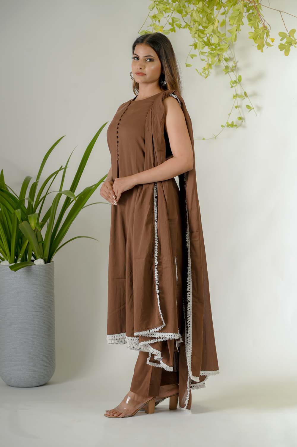 Brown Voile Festive Wear Kurta Set with Potli Buttons & Cotton Laces - Side View | Oopnik