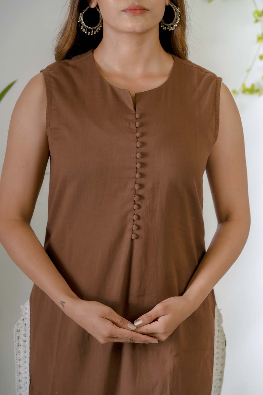 Brown Voile Festive Wear Kurta Set with Potli Buttons & Cotton Laces - Neck Design | Oopnik