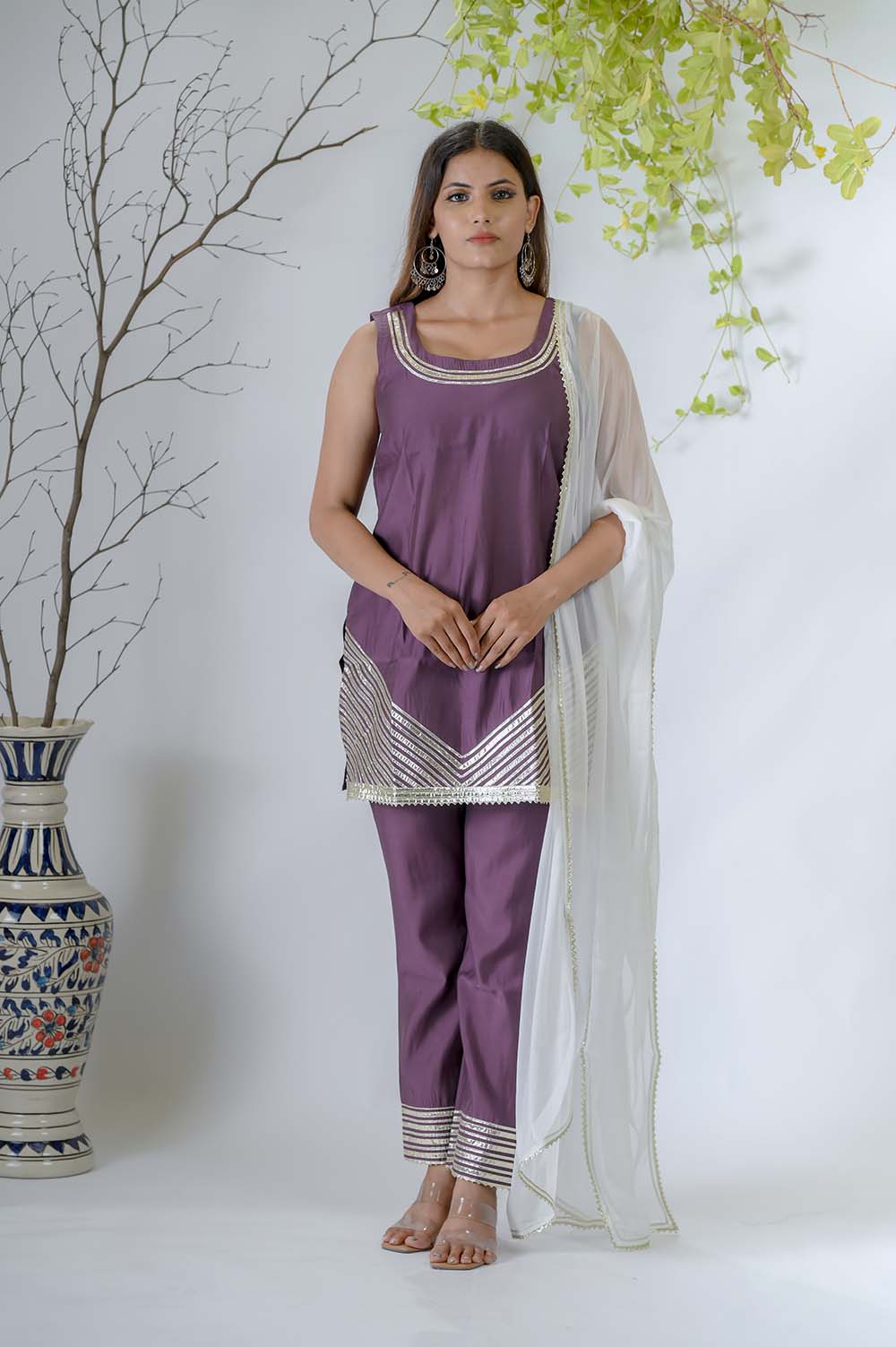 Dark Purple Silk Kurta Set for Women in Sleeveless Festive Wear - Front View | Oopnik