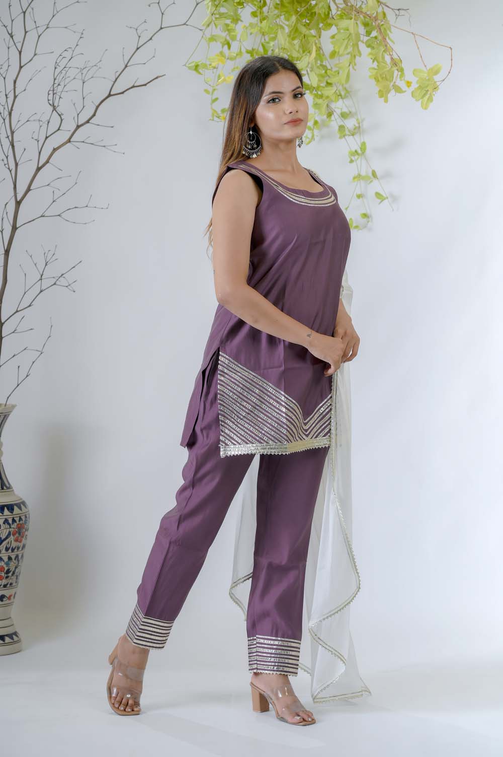 Dark Purple Silk Kurta Set for Women in Sleeveless Festive Wear - Side View | Oopnik