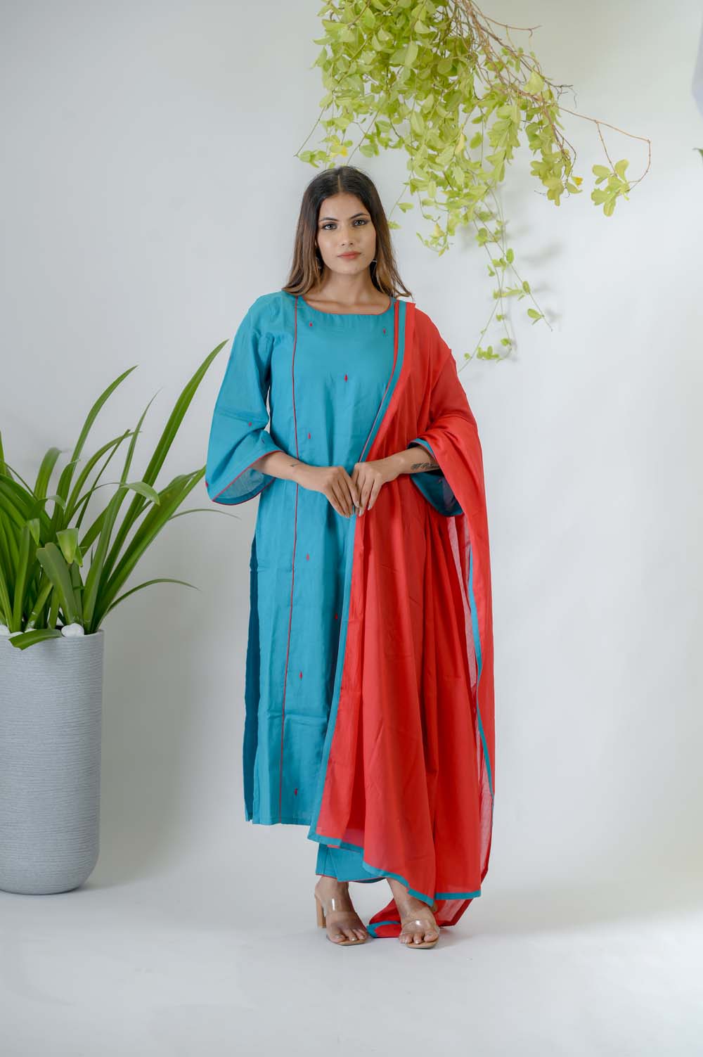 Blue Silk Kurta Set for Women with Silk Thread Embroidery - Front View | Oopnik