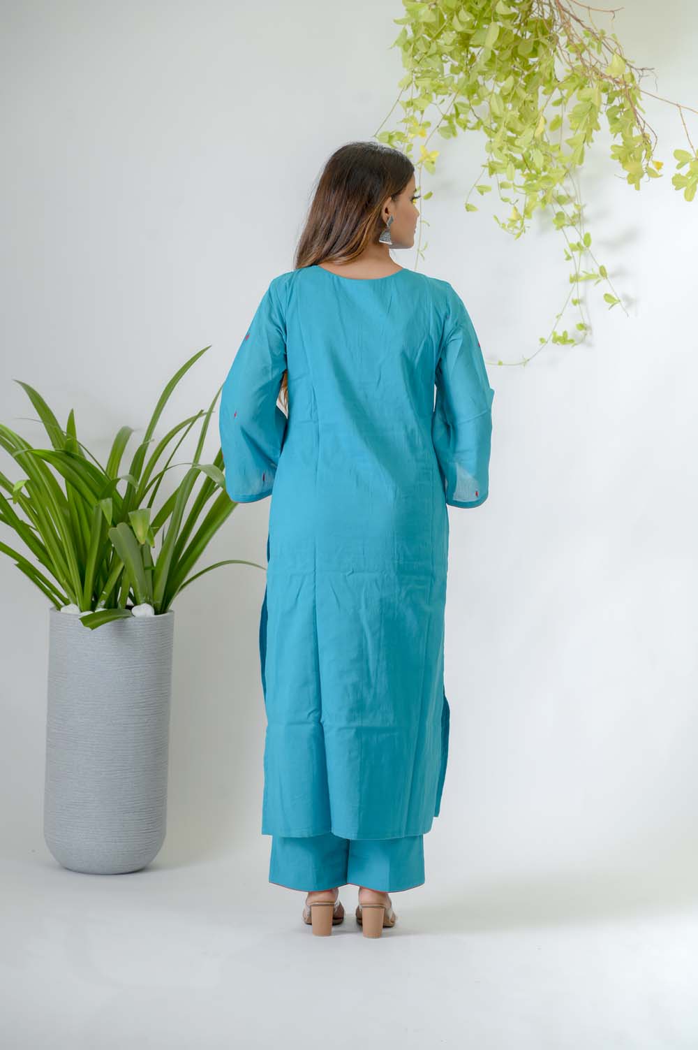 Blue Silk Kurta Set for Women with Silk Thread Embroidery - Back View | Oopnik