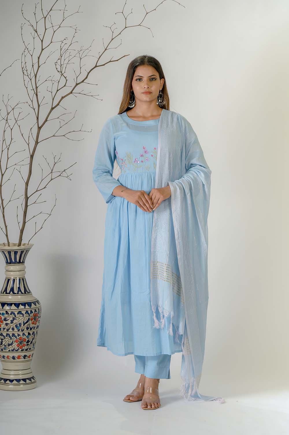 Blue Silk Kurta Set for Women with Beads, Sequence & Thread Embroidery - Front View | Oopnik