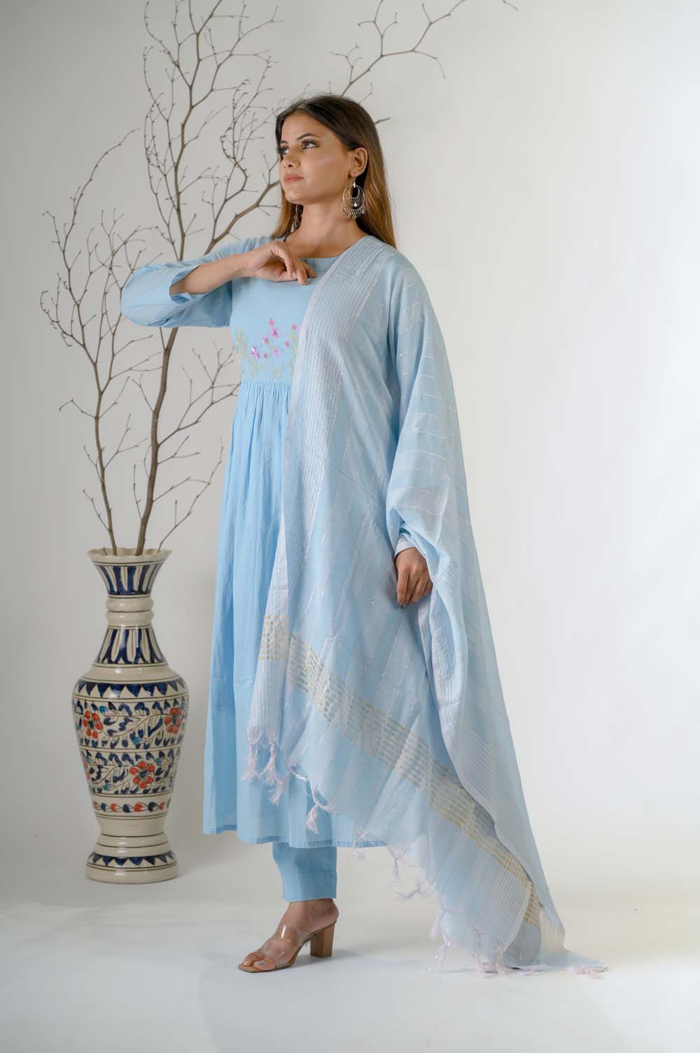 Blue Silk Kurta Set for Women with Beads, Sequence & Thread Embroidery - Side View | Oopnik
