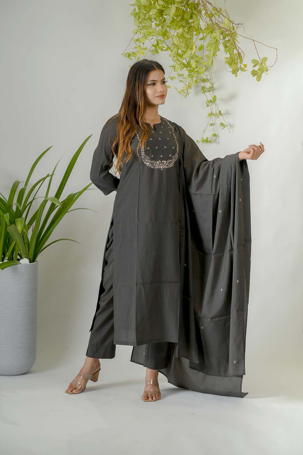 Olive Silk Kurta Set for Women with Silk Thread Embroidery - Side View | Oopnik