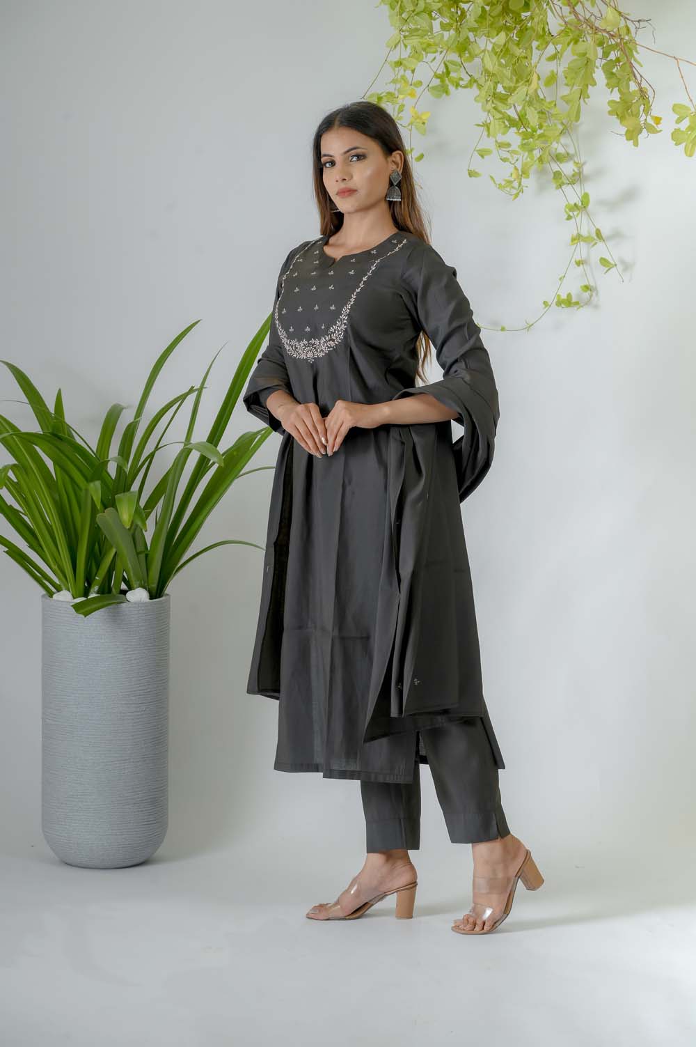 Olive Silk Kurta Set for Women with Silk Thread Embroidery - Side View | Oopnik