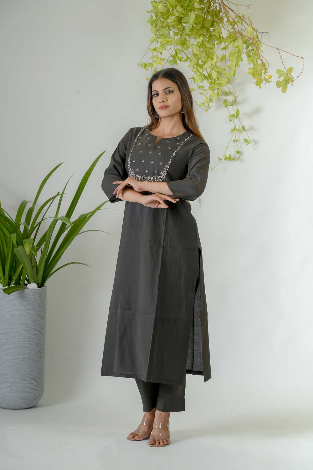 Olive Silk Kurta Set for Women with Silk Thread Embroidery - Front View | Oopnik