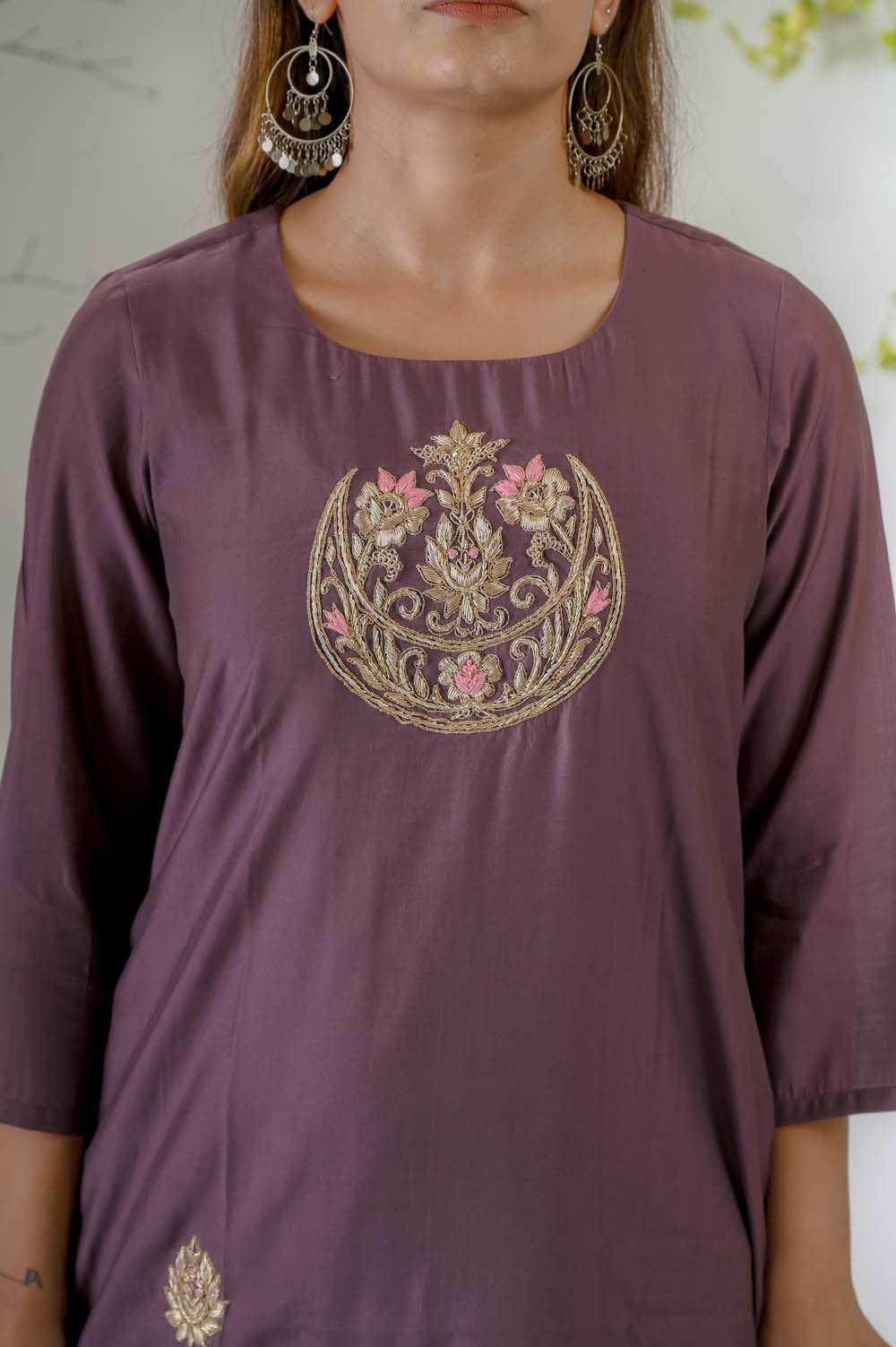 Dark Purple Silk Kurta Set for Women with Zardosi Work - Closeup | Oopnik