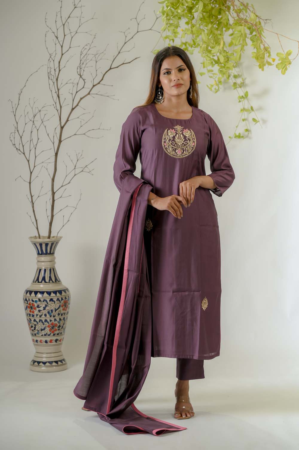 Dark Purple Silk Kurta Set for Women with Zardosi Work - Front View | Oopnik