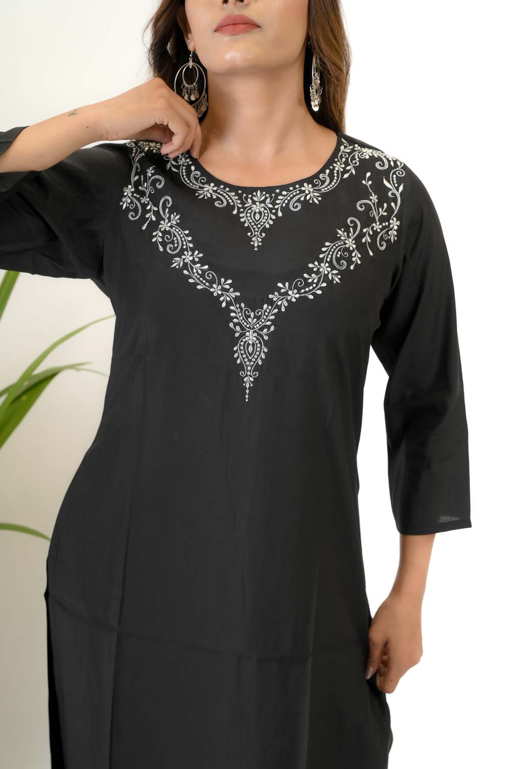Black Silk Kurta Set for Women With Designer Silver Zari Embroidery - Neck Design | Oopnik