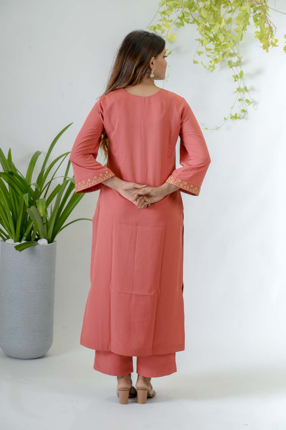 Peach Crepe Festive Kurta Set with Gold Dori Embroidery - Back View | Oopnik