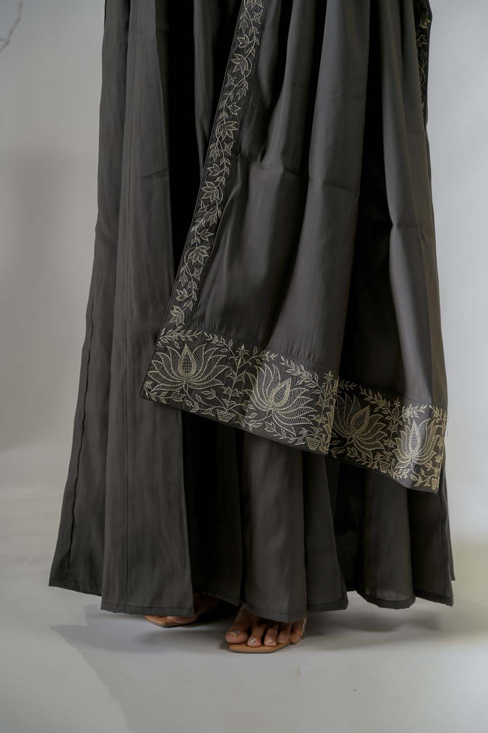 Olive Silk Kurta Set For Women with Gold Zari Embroidery - Bottom View | Oopnik