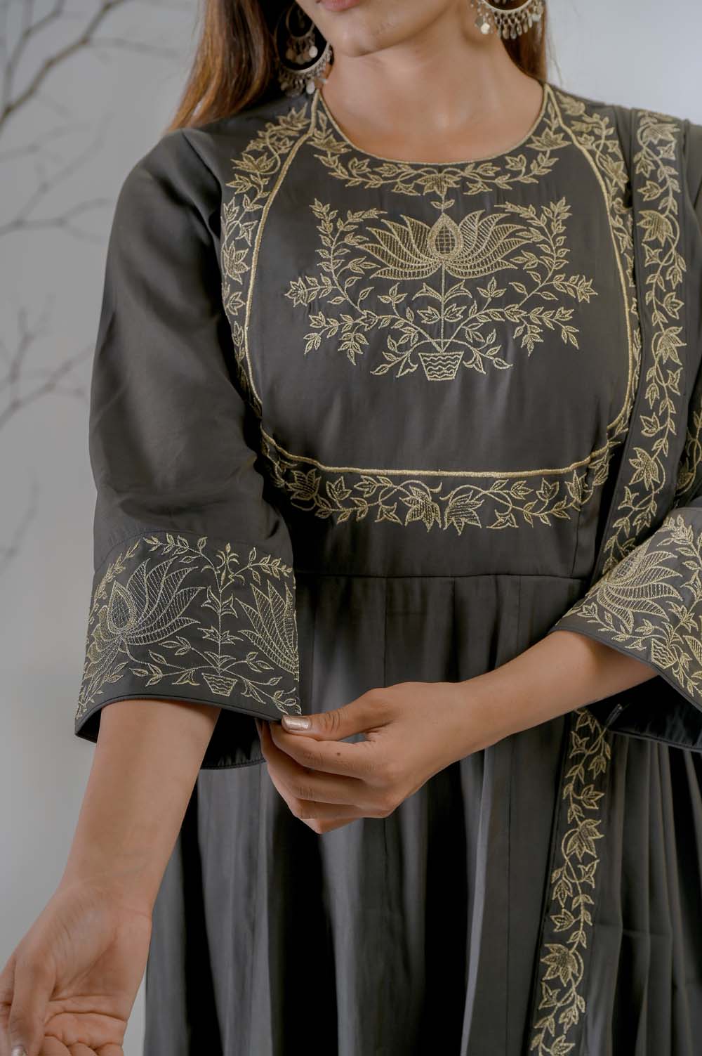 Olive Silk Kurta Set For Women with Gold Zari Embroidery - Closeup | Oopnik