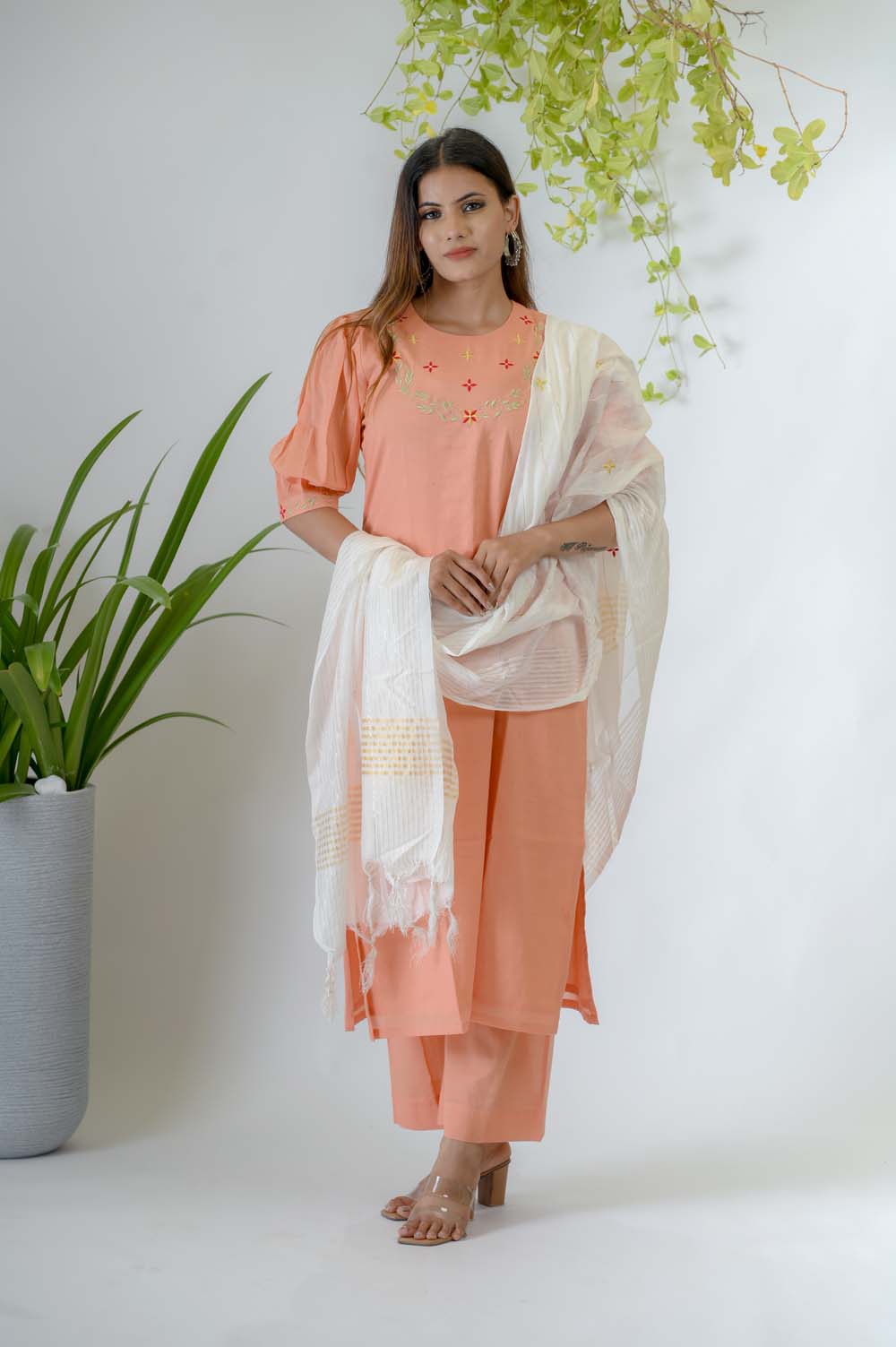 Peach Voile Kurta Set For Women with Silk Thread & Zari Embroidery - Front View | Oopnik