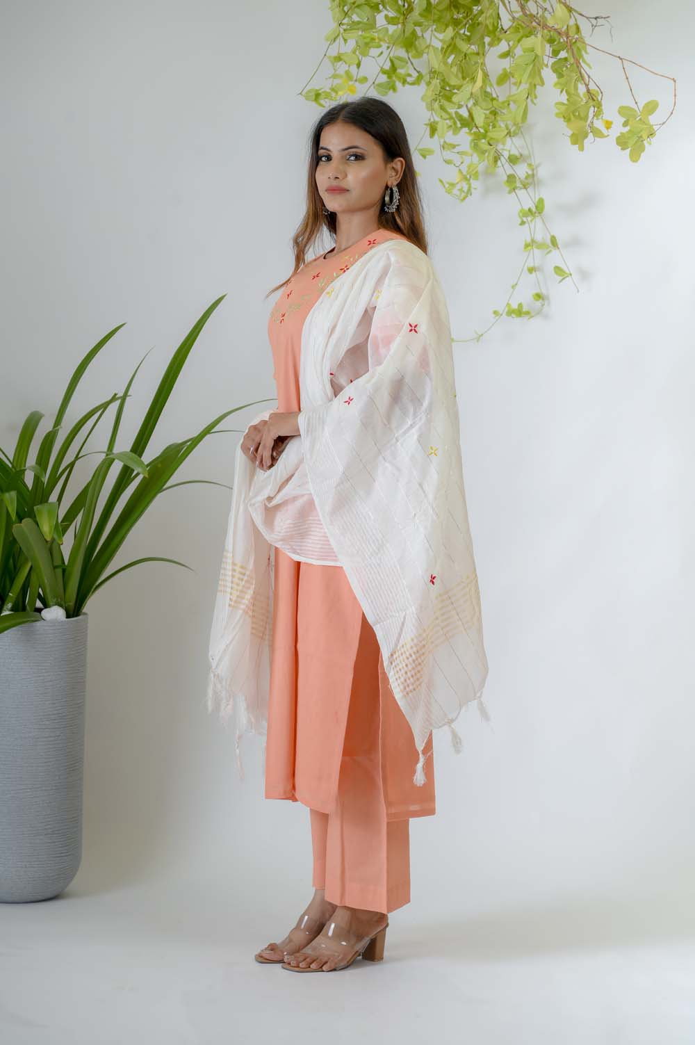 Peach Voile Kurta Set For Women with Silk Thread & Zari Embroidery - Side View | Oopnik